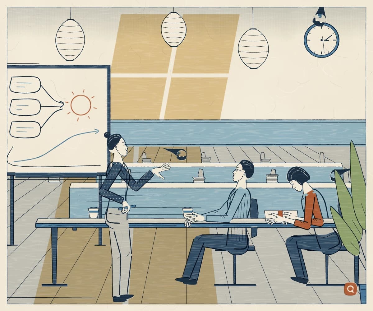 A woodblock print: colleagues share ideas around a sunlit table while quiet ink currents carry the paperwork.